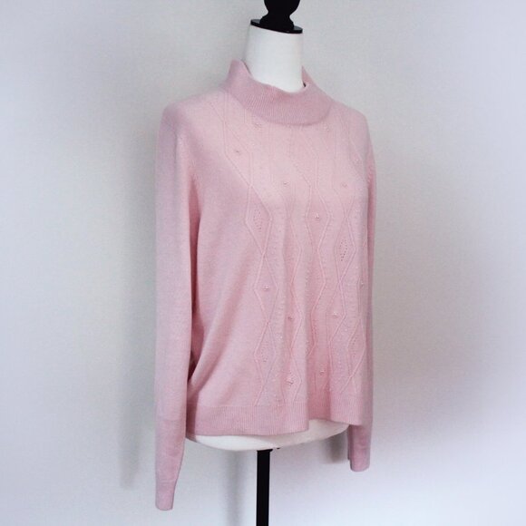 Pale Pink Beaded Sweater, Vintage Mock Turtleneck Long Sleeved Pullover - Picture 4 of 10